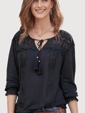 Sundance Liliana Black Linen Cotton Crochet Lace Boho Long Sleeve Top Size S
